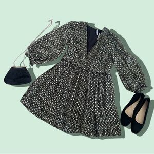 Urban Outfitters Olive Green, Black and Gold Long Sleeve Boho Dress - Med